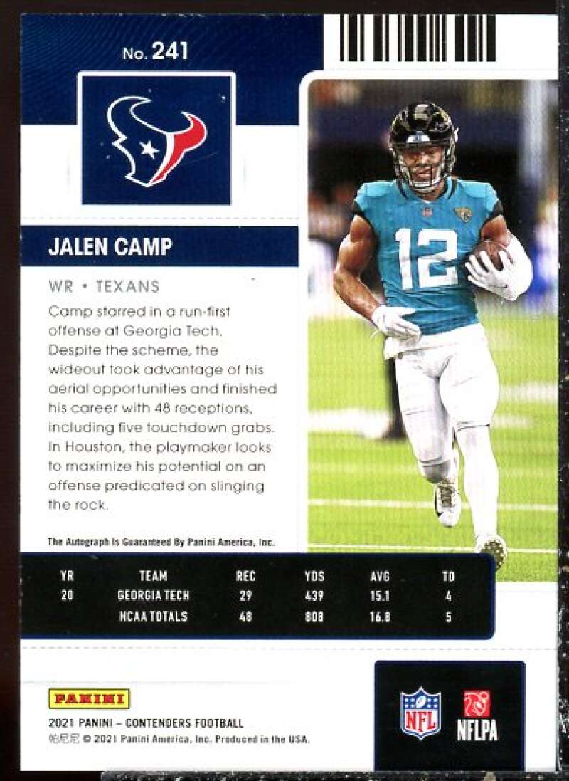 Jalen Camp AU RC Card 2021 Panini Contenders #241A  Image 2