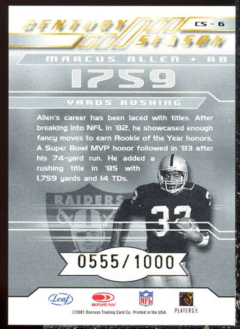 Marcus Allen Card 2001 Quantum Leaf Century Season #CS6  Image 2