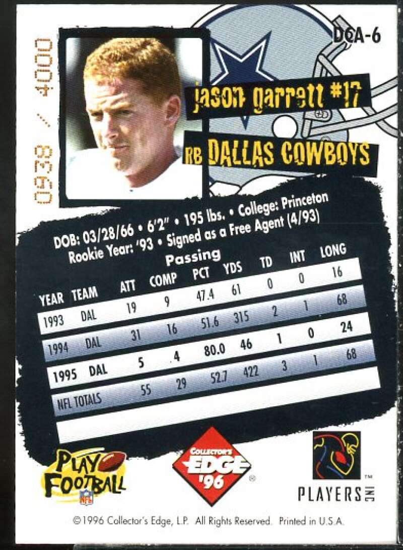 Jason Garrett Card 1996 Collector's Edge Cowboybilia Autographs #DCA6  Image 2