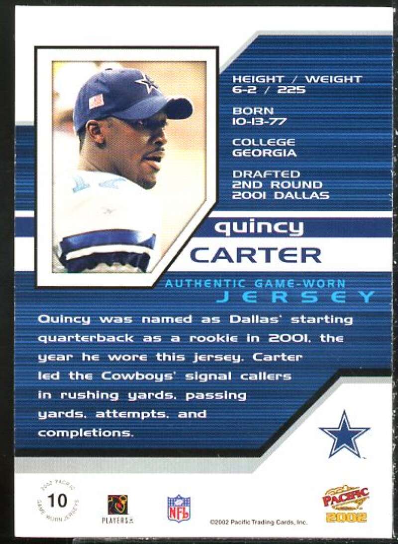 Quincy Carter Card 2002 Pacific Game Worn Jerseys #10  Image 2