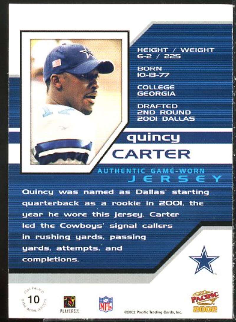 Quincy Carter Card 2002 Pacific Game Worn Jerseys #10  Image 2