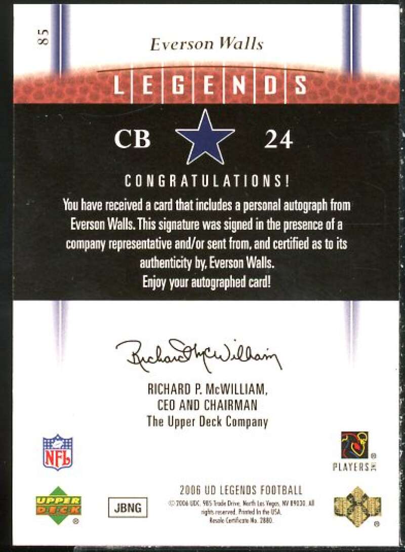 Everson Walls Card 2006 Upper Deck Legends Legendary Signatures #85  Image 2