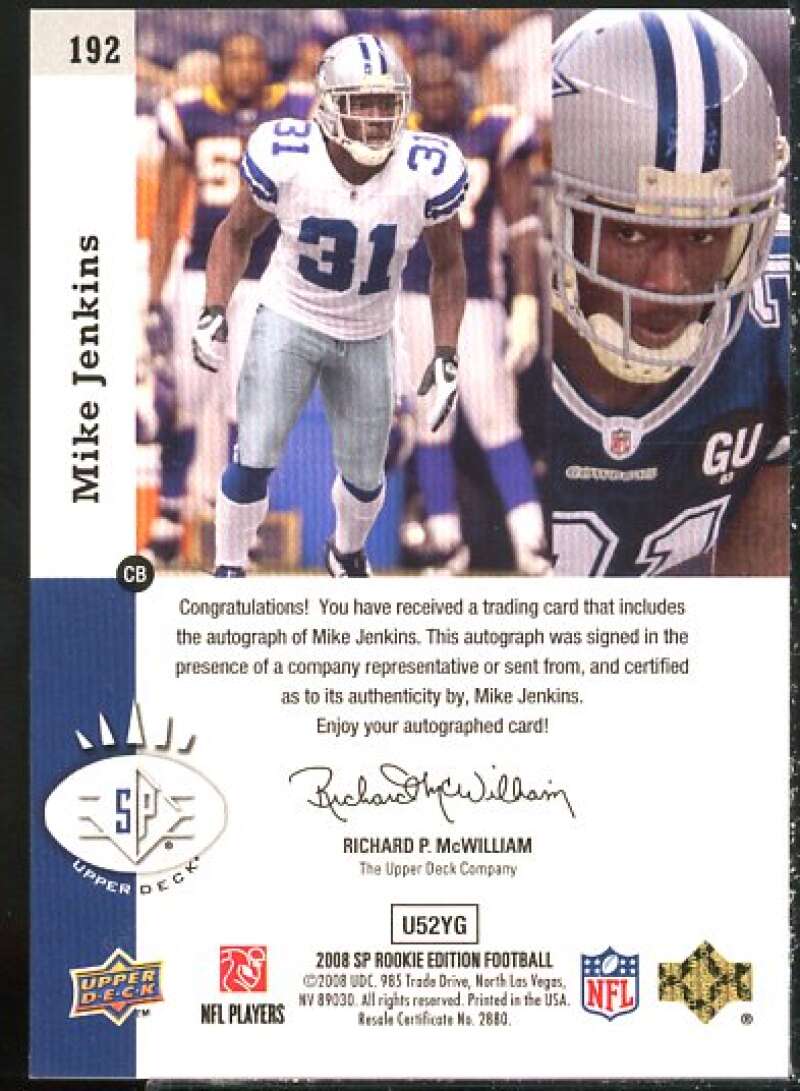 Mike Jenkins 93 Rookie Card 2008 SP Rookie Edition Autographs #192  Image 2