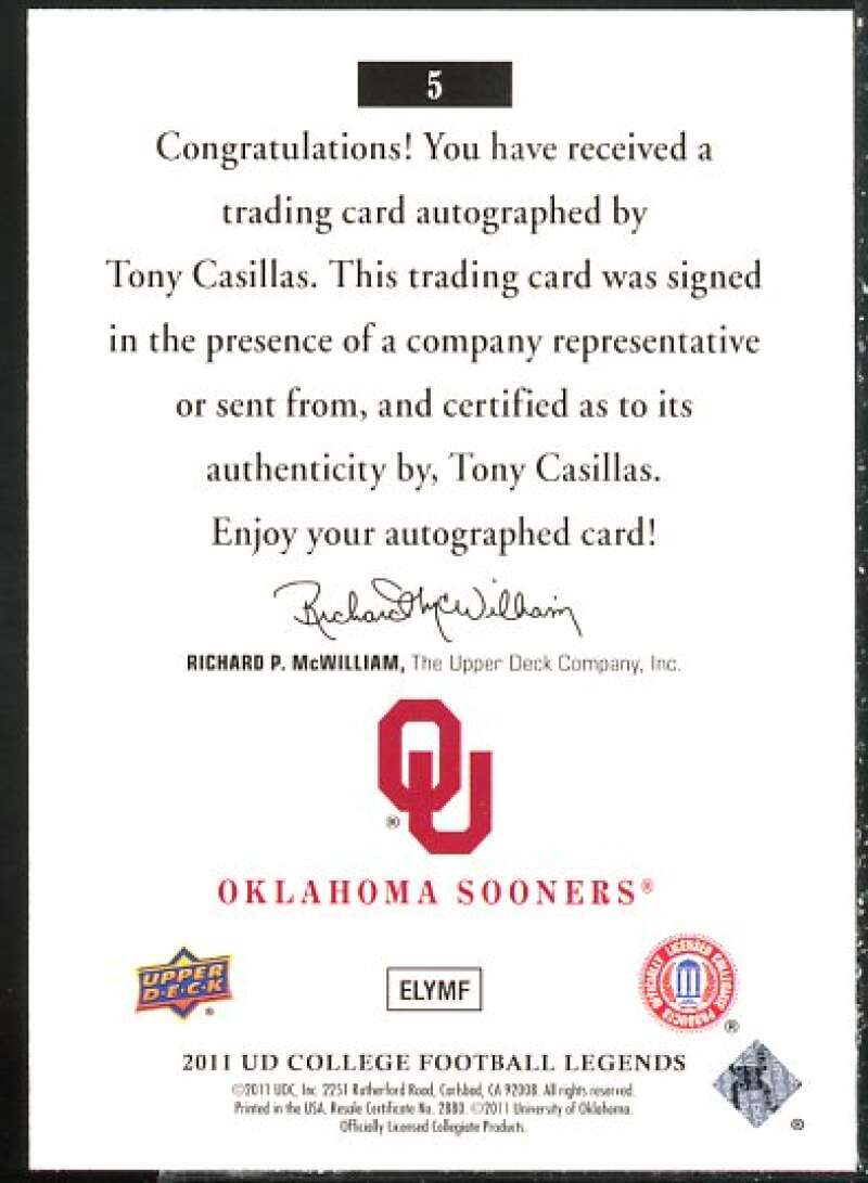 Tony Casillas Card 2011 Upper Deck College Legends Autographs #5  Image 2