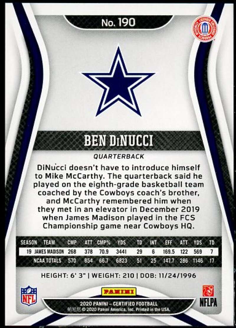 Ben DiNucci Rookie Card 2020 Certified #190  Image 2