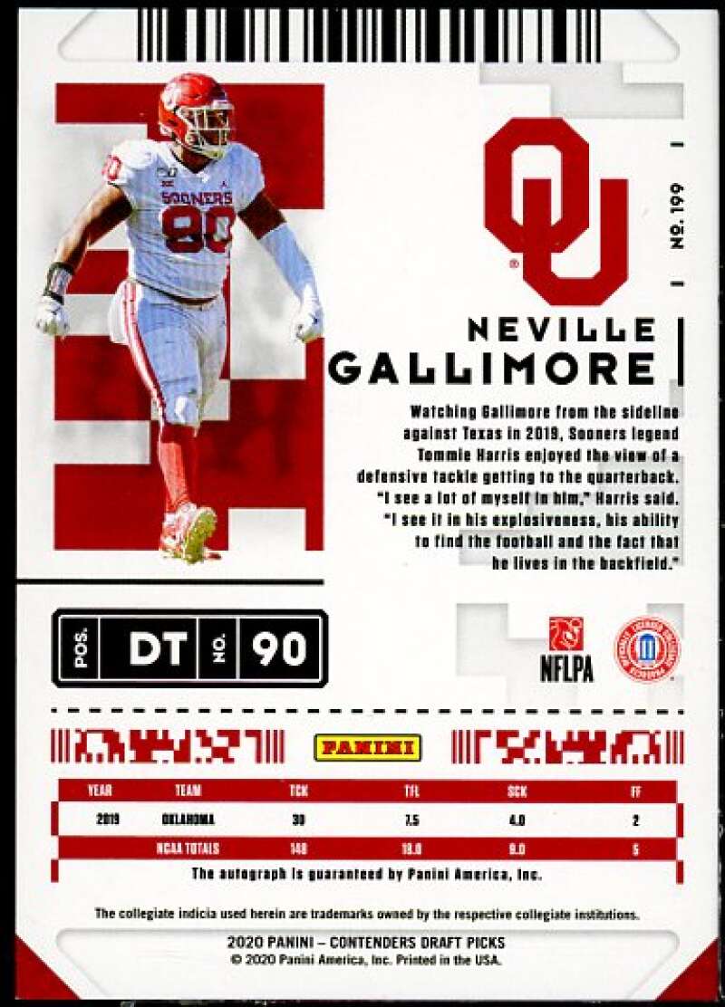 Neville Gallimore AU Rookie Card 2020 Panini Contenders Draft Picks #199  Image 2