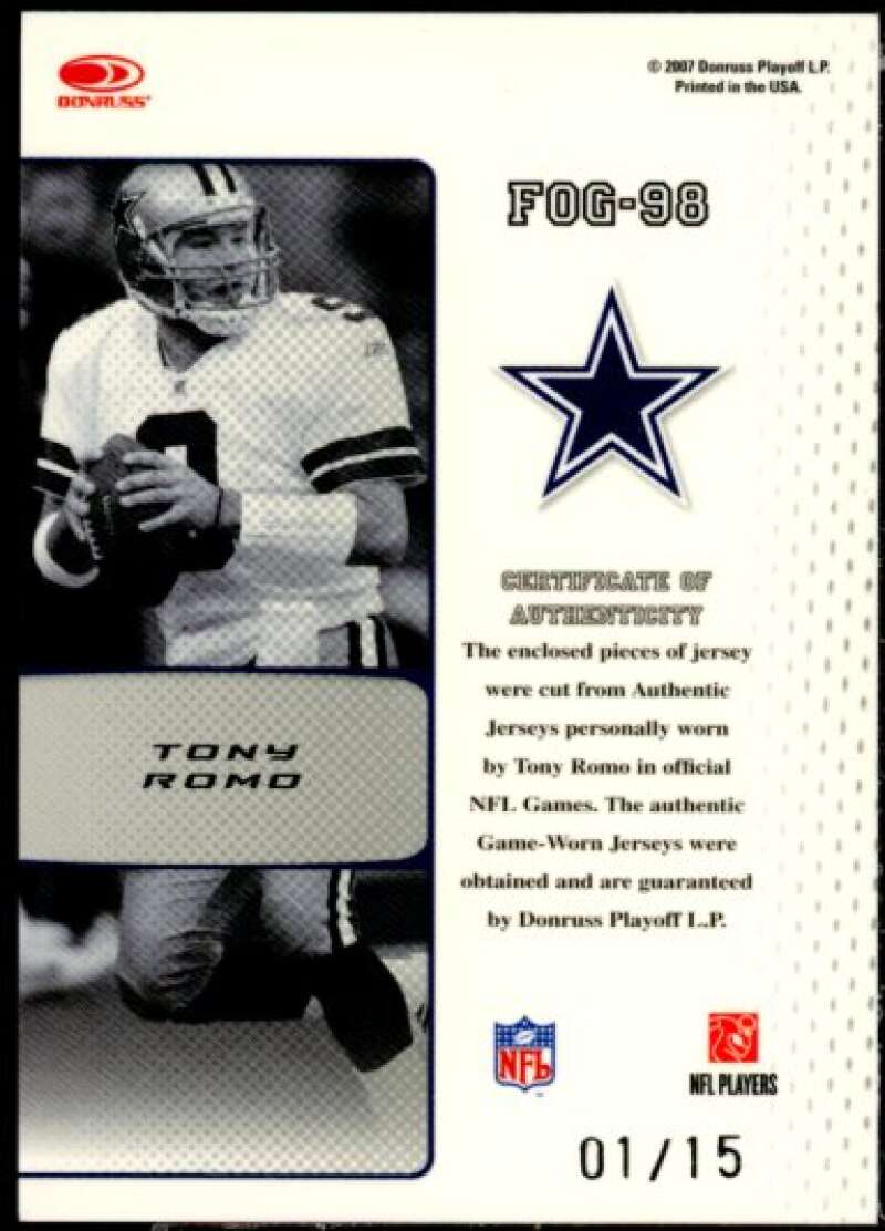 Tony Romo Card 2007 Leaf Certified Materials Fabric of the Game Auto Jersey #98  Image 2