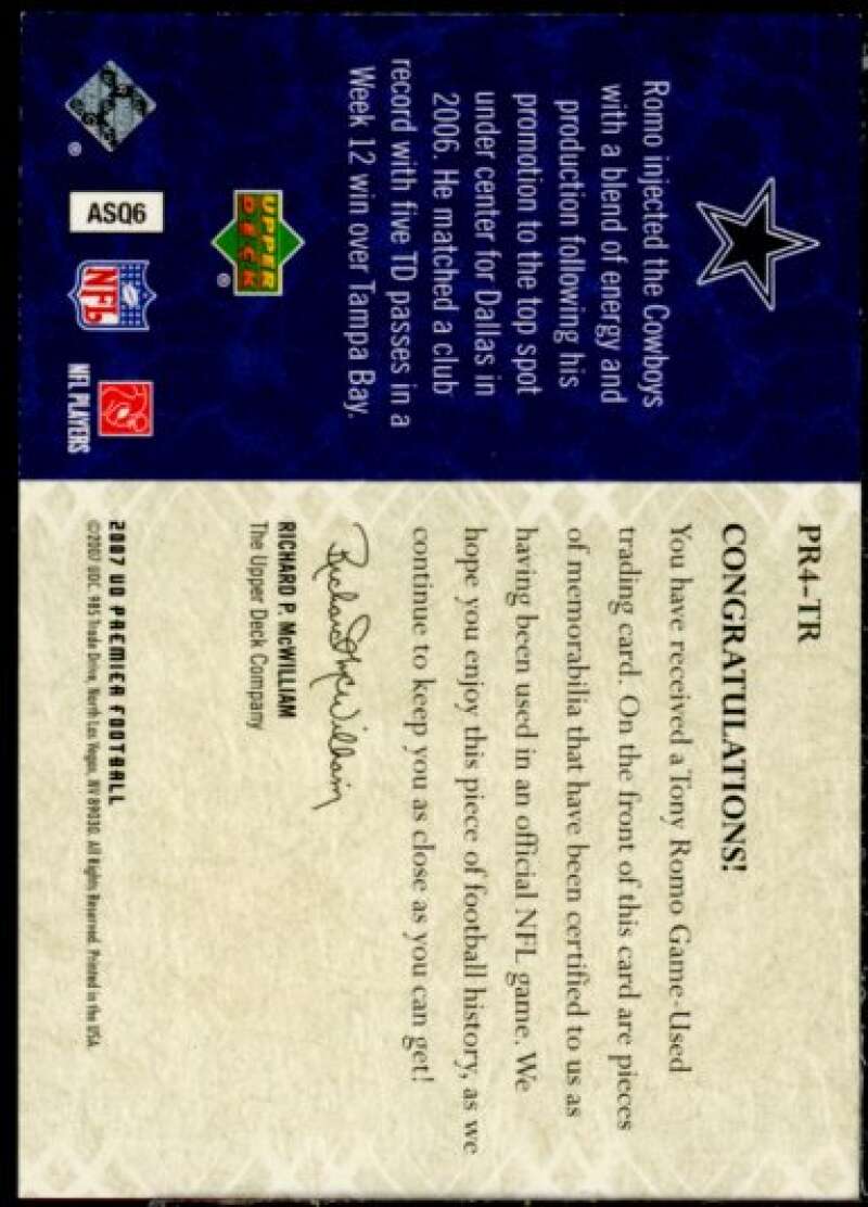 Tony Romo Card 2007 Upper Deck Premier Remnants Quad Gold #PR4TR  Image 2