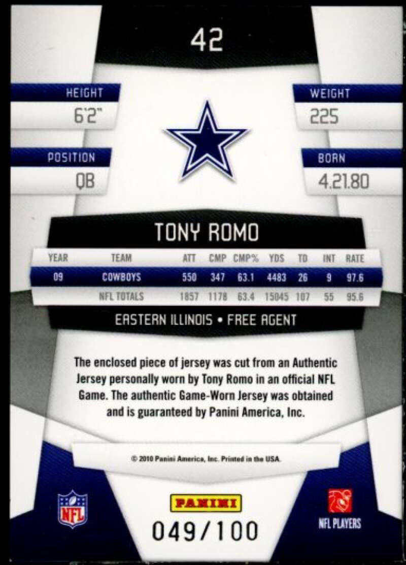 Tony Romo Card 2010 Certified Mirror Blue #42  Image 2