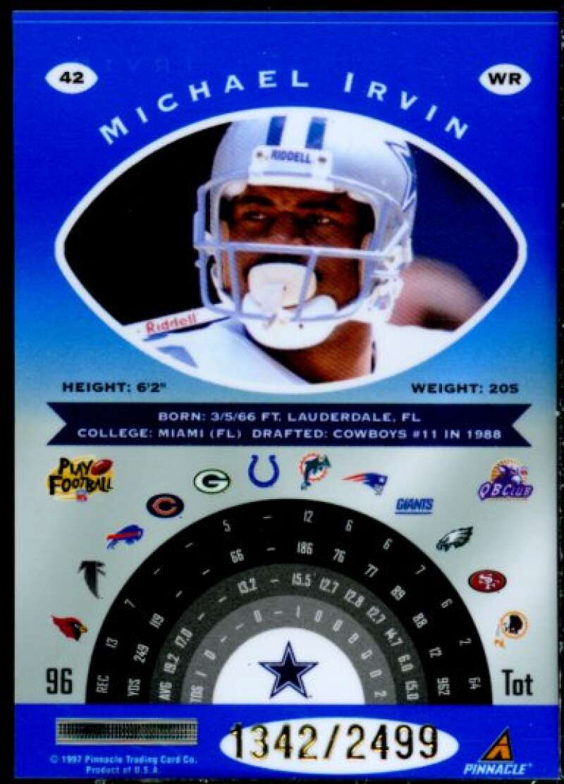 Michael Irvin Card 1997 Pinnacle Totally Certified Platinum Blue #42  Image 2