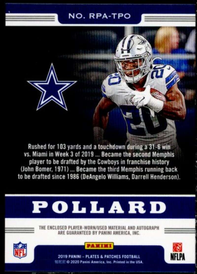 Tony Pollard 2019 Panini Plates and Patches Rookie Patch Autographs Blue #19  Image 2