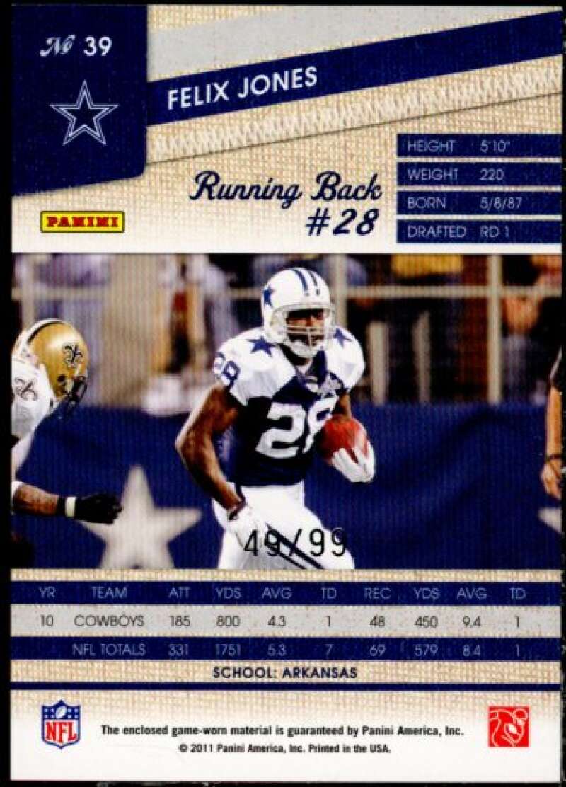 Felix Jones Card 2011 Panini Threads Jerseys Prime #39  Image 2