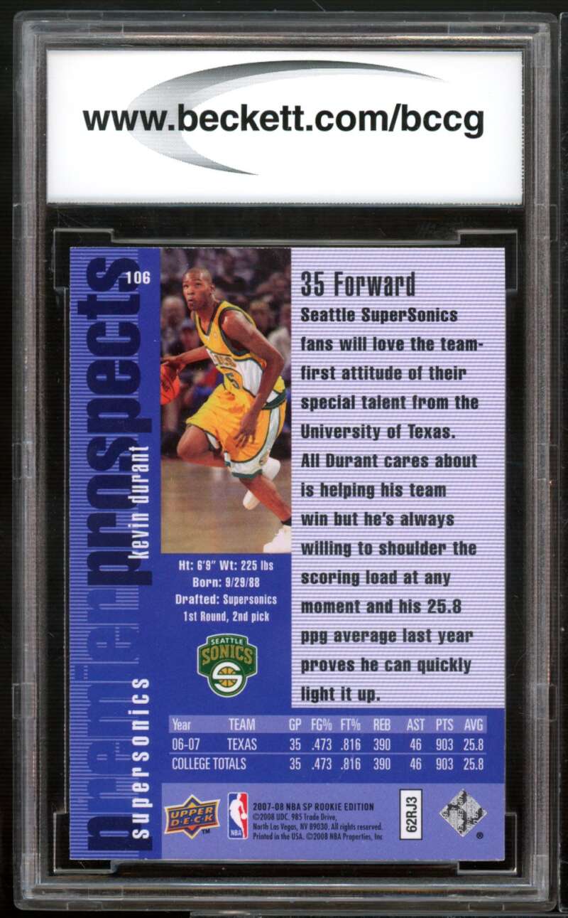 2007-08 SP Rookie Edition #106 Kevin Durant Rookie Card BGS BCCG 10 Mint+ Image 2