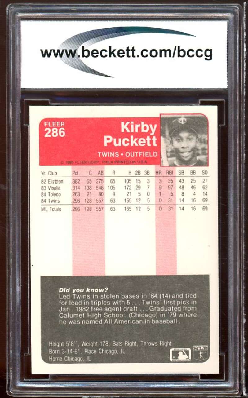 1985 Fleer #286 Kirby Puckett Rookie Card BGS BCCG 10 Mint+ Image 2