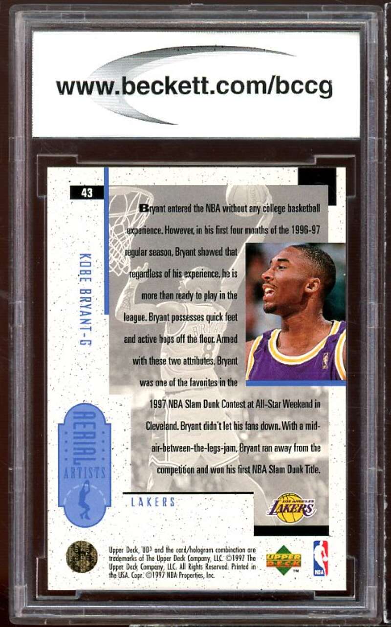 1996-97 UD3 #43 Kobe Bryant Rookie Card BGS BCCG 10 Mint+ Image 2