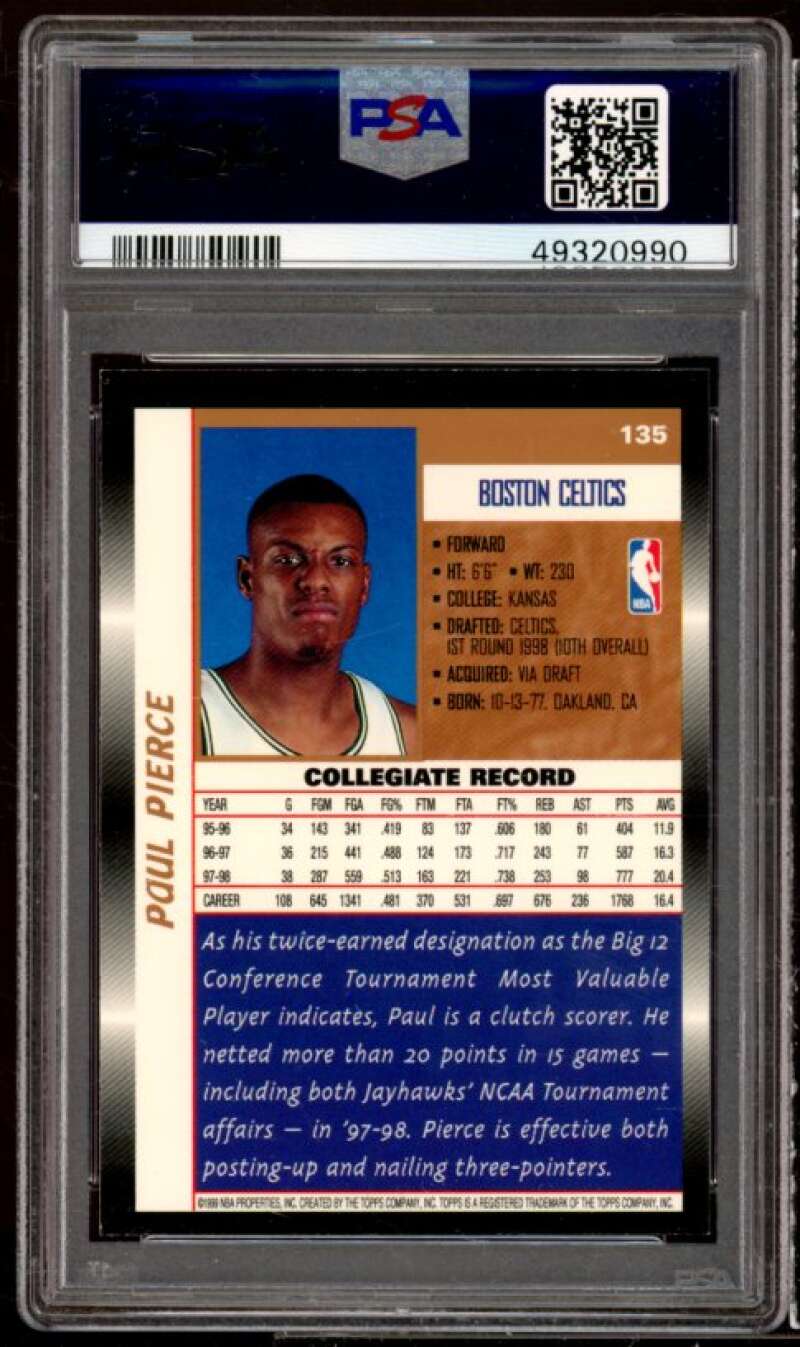 Paul Pierce Rookie Card 1998-99 Topps #135 PSA 9 Image 2