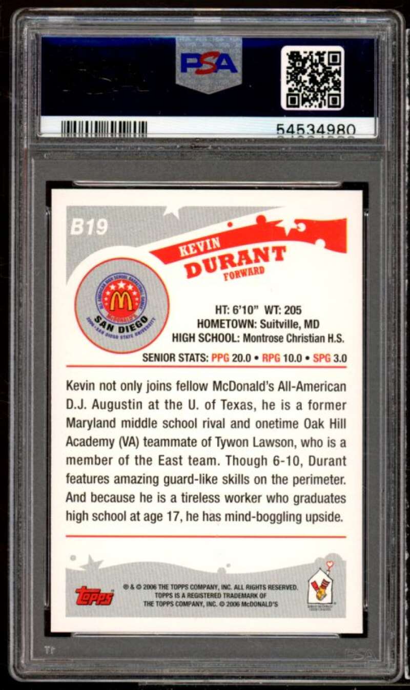 Kevin Durant Rookie Card 2006 Topps McDonald's All-American Game #B19 PSA 8 Image 2