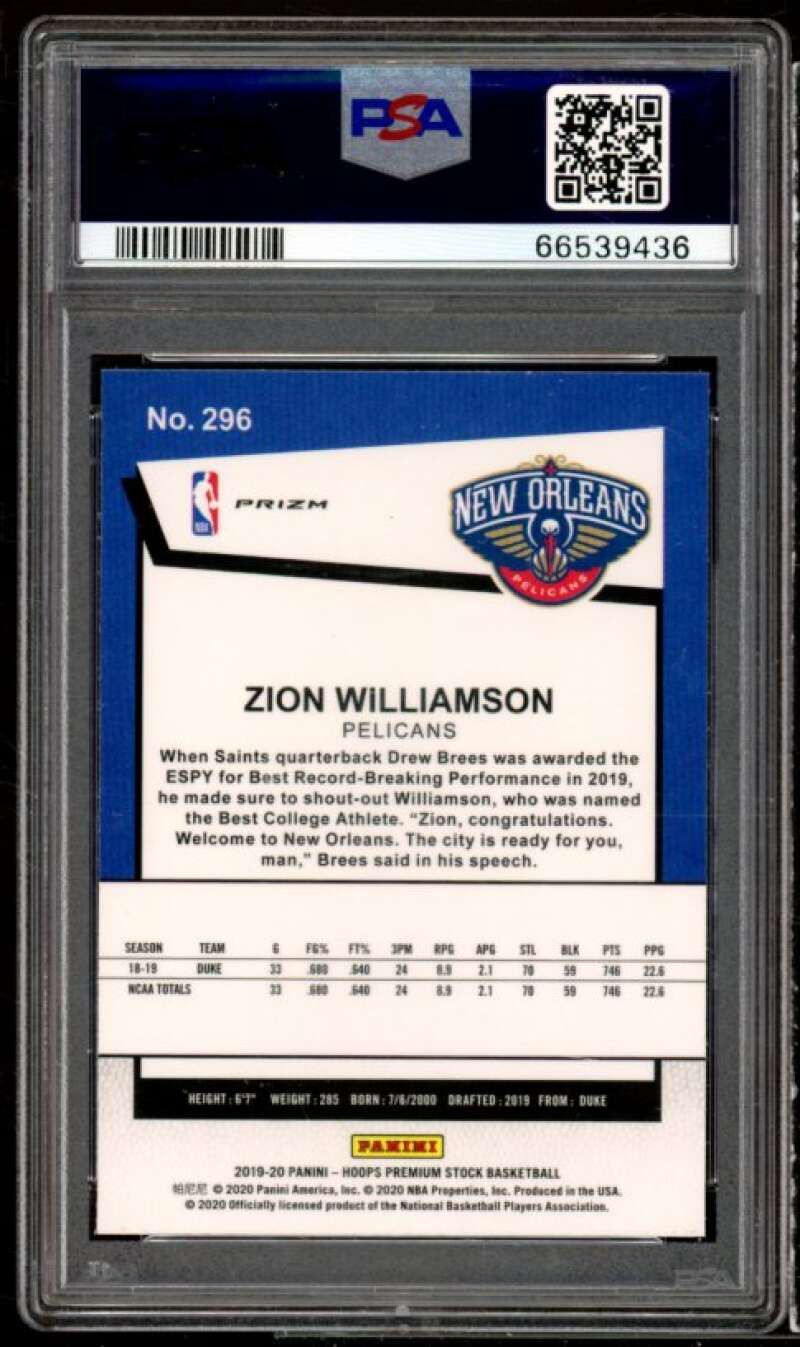 Zion Williamson Rookie Card 2019-20 Hoops Premium Stock Pulsar #296 PSA 9 Image 2