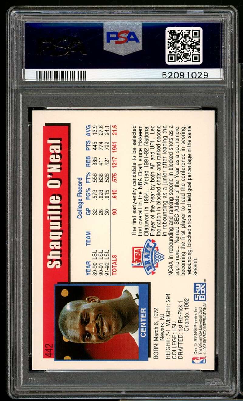 Shaquille O'Neal Rookie Card 1992-93 Hoops #442 PSA 9 Image 2