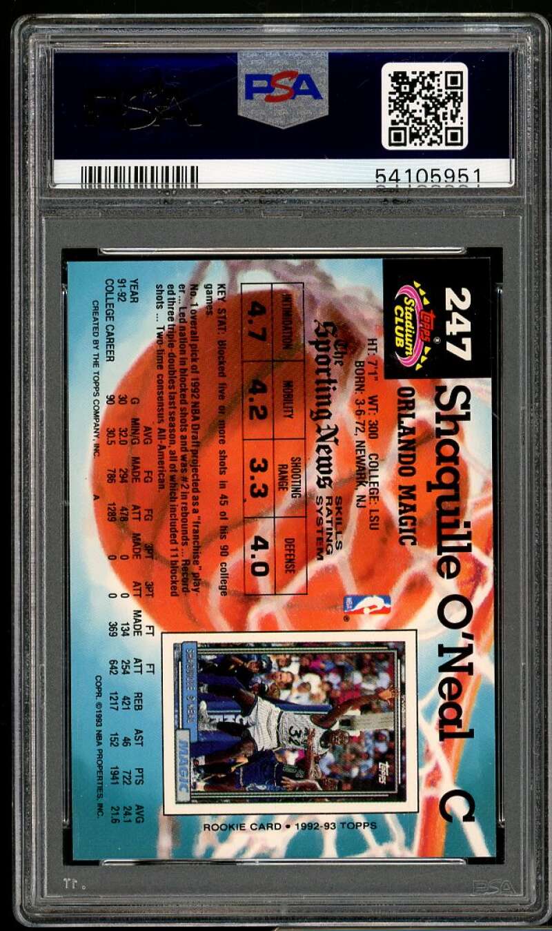 Shaquille O'Neal Rookie Card 1992-93 Stadium Club #247 PSA 9 Image 2