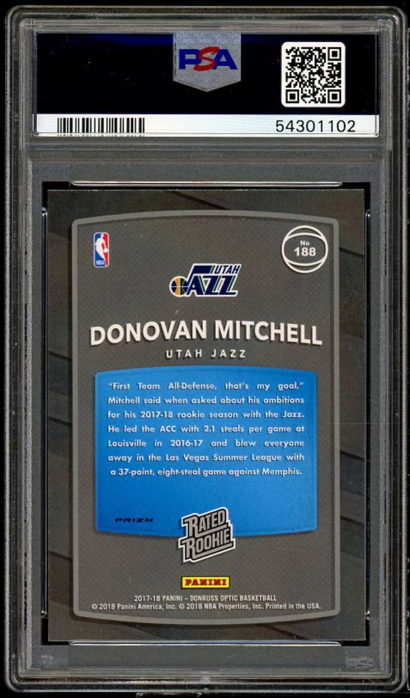 Donovan Mitchell Rookie Card 2017-18 Donruss Optic Fast Break Holo #188 PSA 9 Image 2