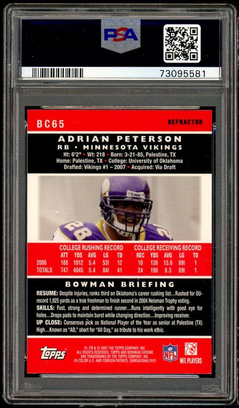 Adrian Peterson Rookie Card 2007 Bowman Chrome Refractor #BC65 PSA 9 Image 2