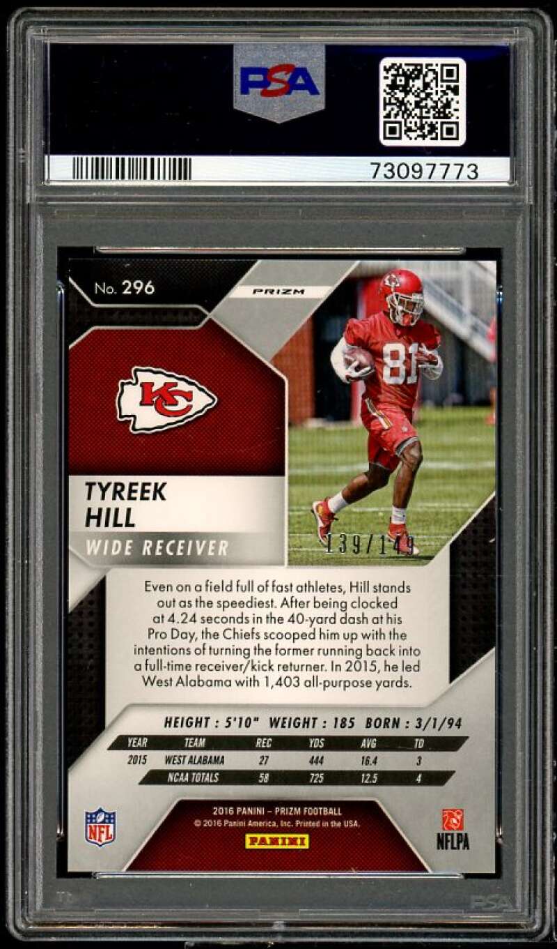 Tyreek Hill Rookie Card 2016 Panini Prizm Blue Wave Prizm #296 PSA 9 Image 2