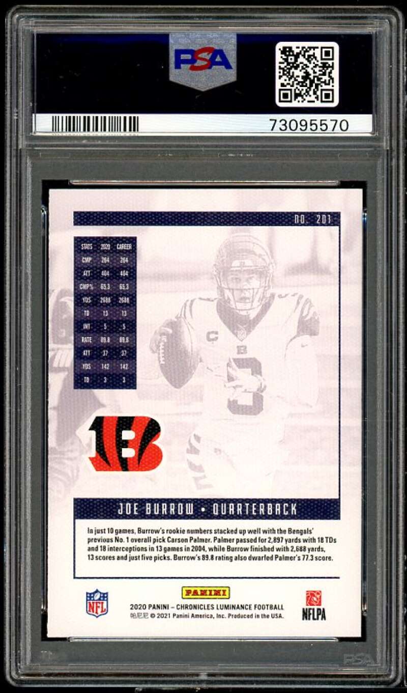 Joe Burrow Rookie Card 2020 Panini Chronicles Luminance Pink #201 PSA 10 Image 2