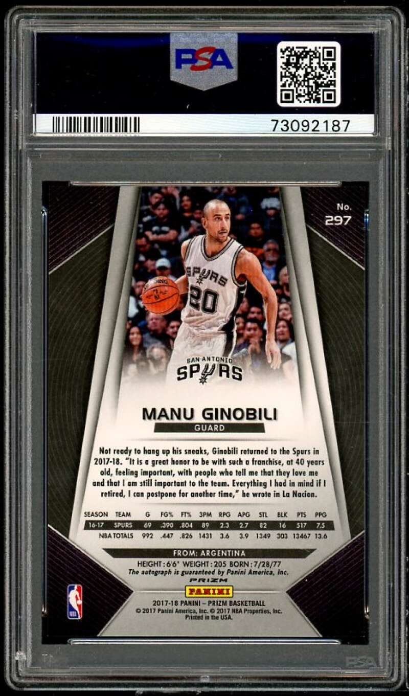 Manu Ginobili Card 2017-18 Panini Prizm Autographs #297 PSA 10 Image 2