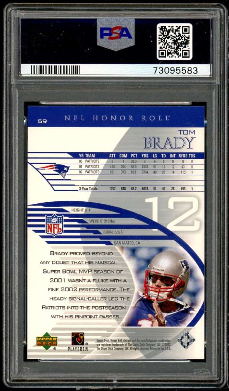 Tom Brady Card 2003 U.D. Honor Roll #59 PSA 9 Image 2