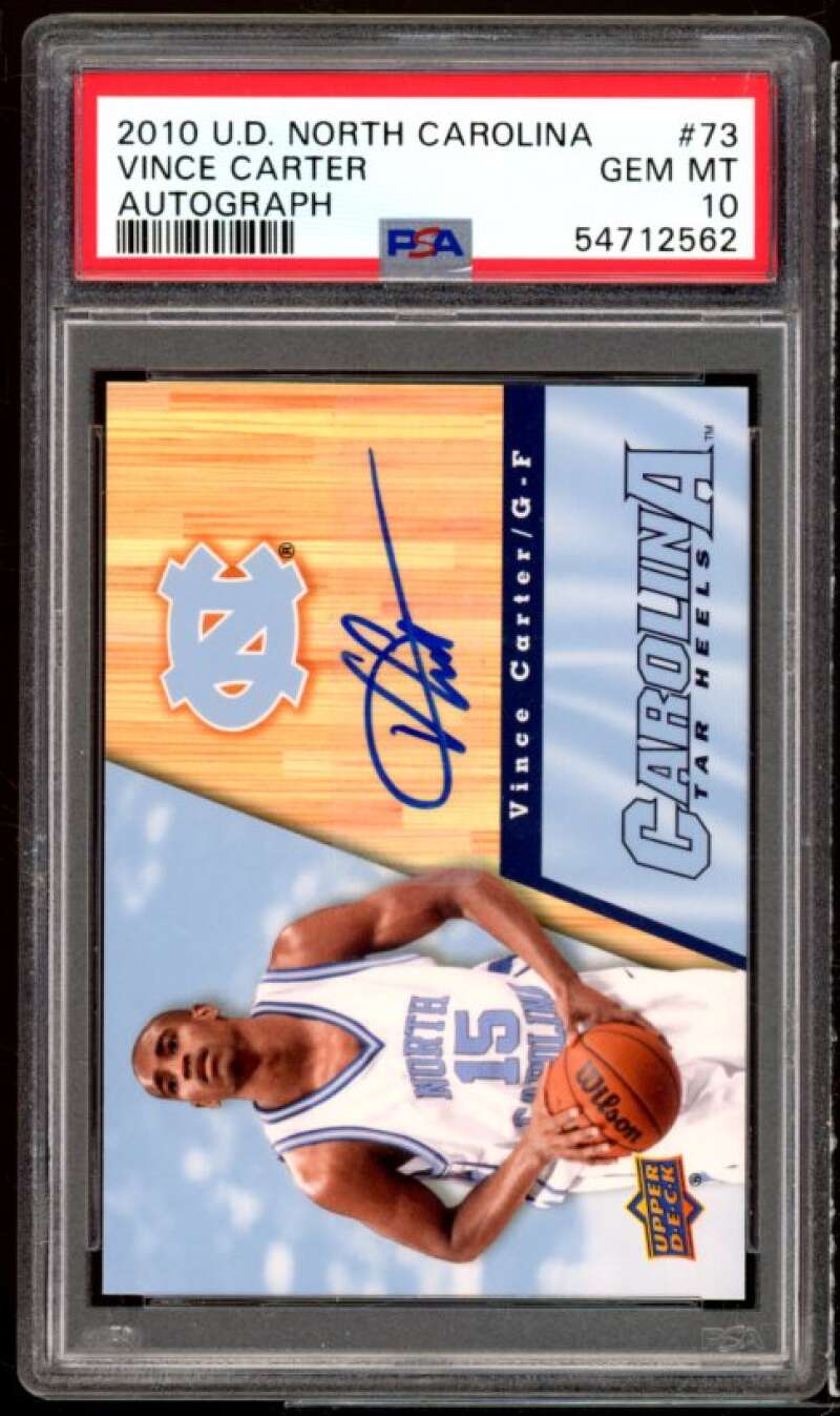 Vince Carter Card 2010-11 Upper Deck North Carolina Autograph #73 (pop 3) PSA 10 Image 1