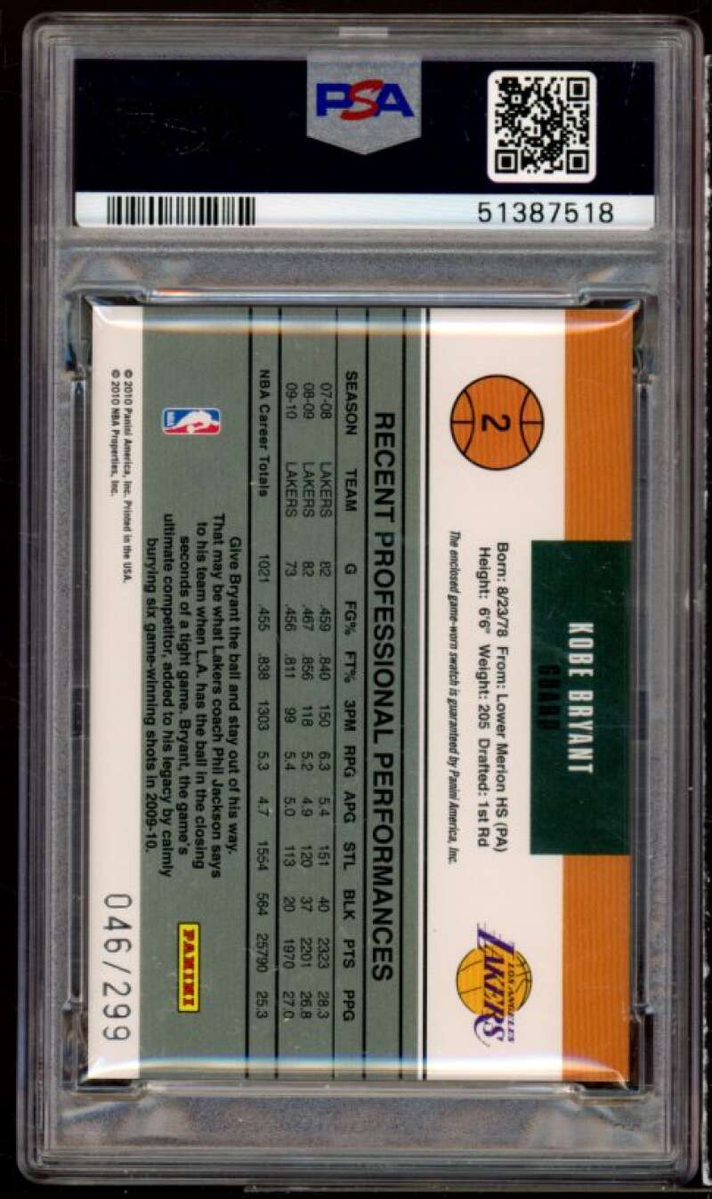 Kobe Bryant Card 2010-11 Donruss Gamers Materials #2 (pop 2) PSA 9 Image 2