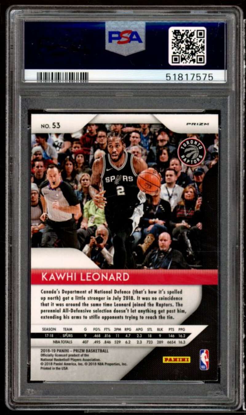 Kawhi Leonard Card 2018-19 Panini Prizm Green Prizm #53 PSA 9 Image 2