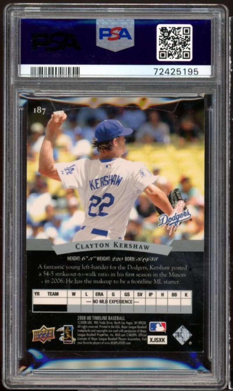 Clayton Kershaw Rookie Card 2008 U.D. Timeline 95 SP Top Prospects #187 PSA 9 Image 2