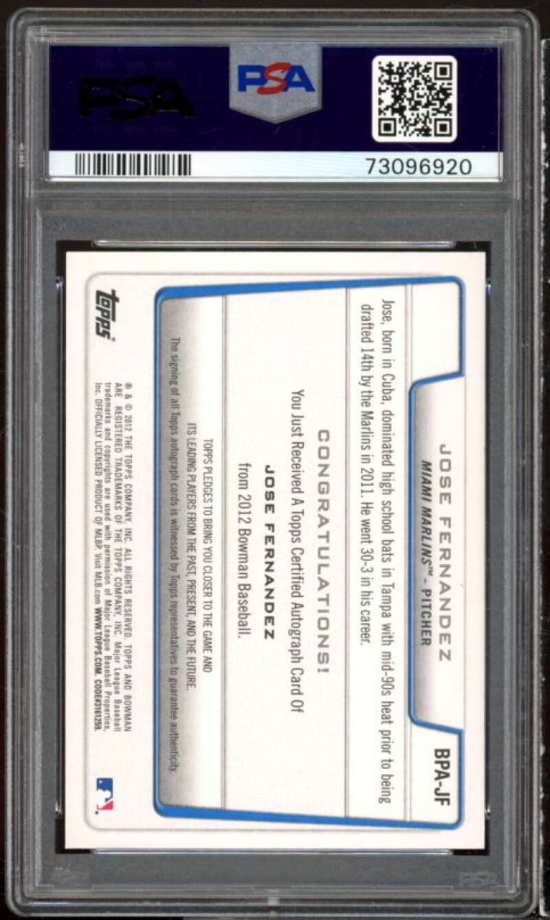 Jose Fernandez Rookie Card 2012 Bowman Prospect Autographs #BPA-JF PSA 10 Image 2