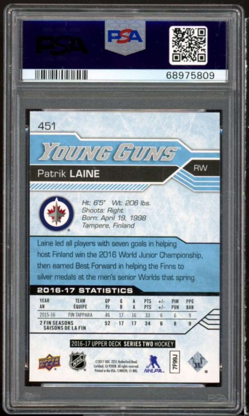 Patrik Laine Rookie Card 2016-17 Upper Deck Young Guns #451 PSA 10 Image 2