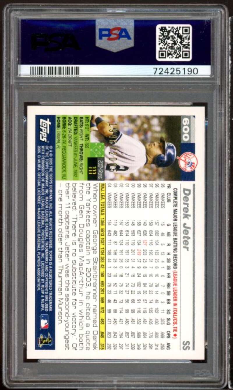 Derek Jeter Card 2005 Topps Gold #600 PSA 9 Image 2