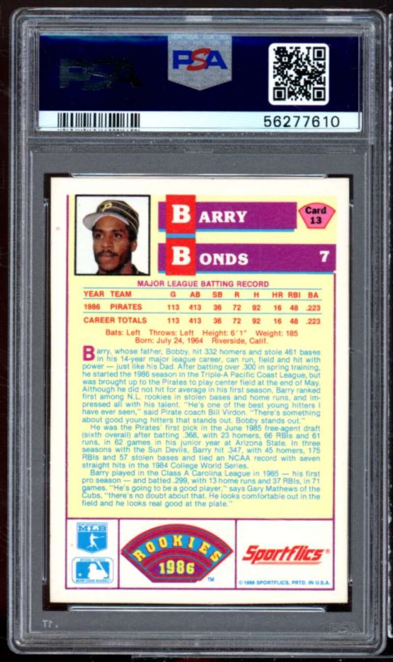 Barry Bonds Rookie Card 1986 Sportflics Rookies #13 PSA 9 Image 2