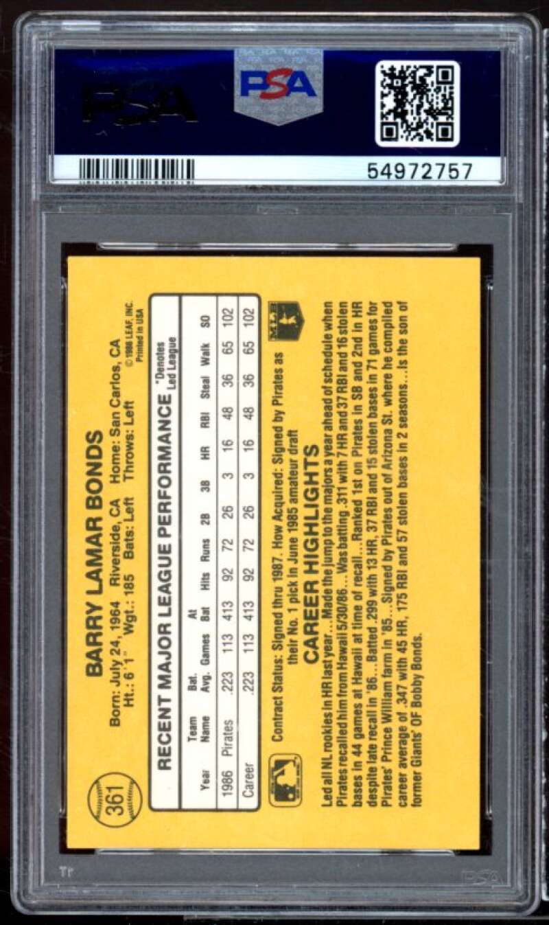 Barry Bonds Rookie Card 1987 Donruss #361 PSA 9 Image 2