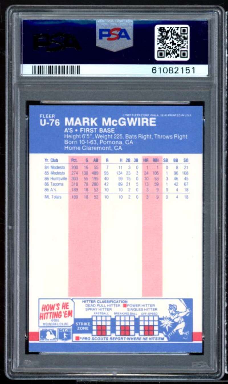 Mark Mcgwire Rookie Card 1987 Fleer Update #U-76 PSA 9 Image 2