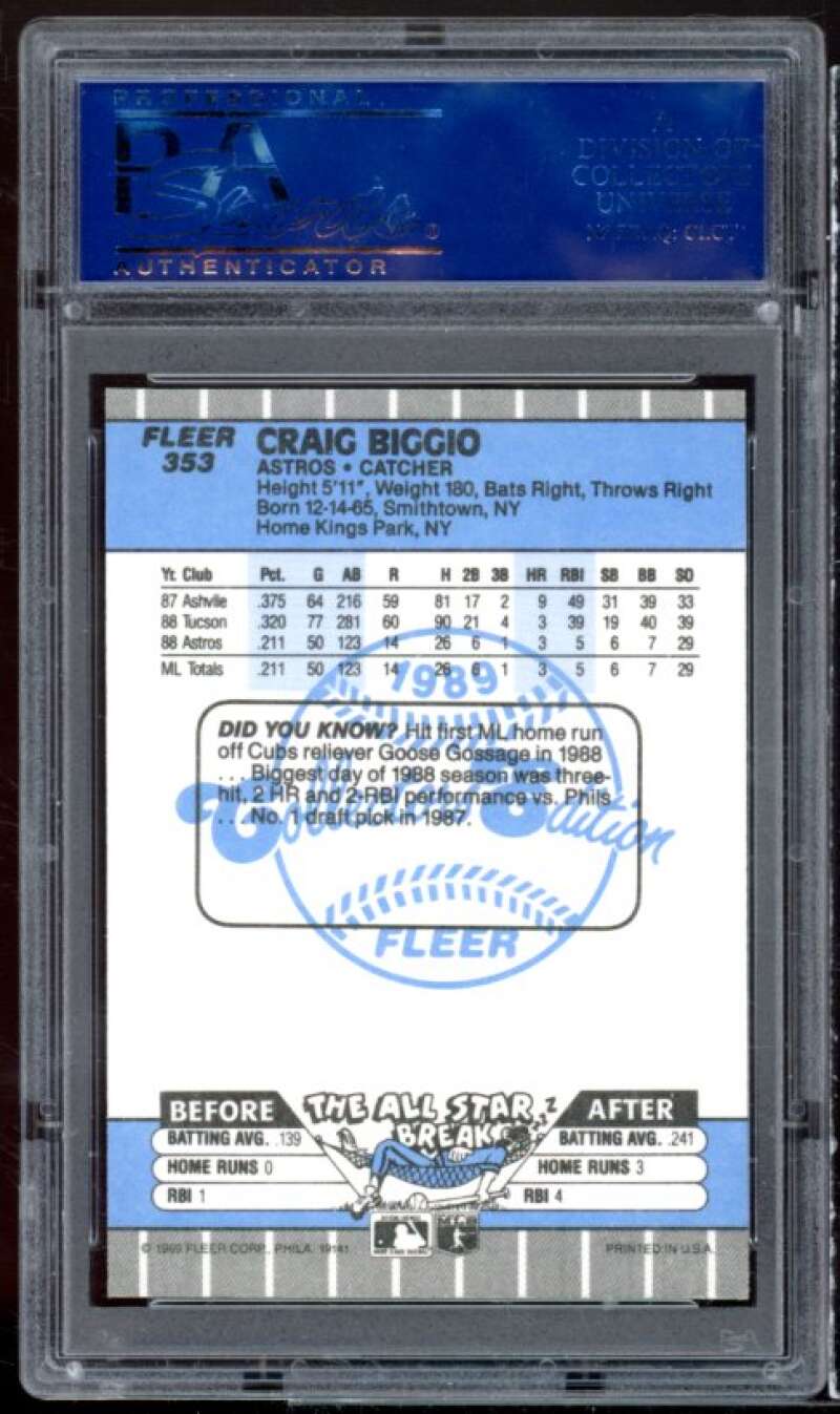 Craig Biggio Rookie Card 1989 Fleer Glossy #353 PSA 9 Image 2