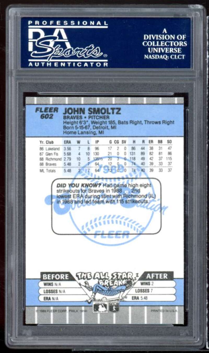 John Smoltz Rookie Card 1989 Fleer Glossy #602 PSA 9 Image 2