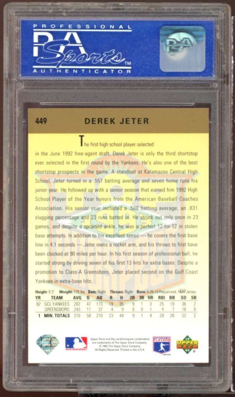 Derek Jeter Rookie Card 1993 Upper Deck #449 PSA 9 Image 2