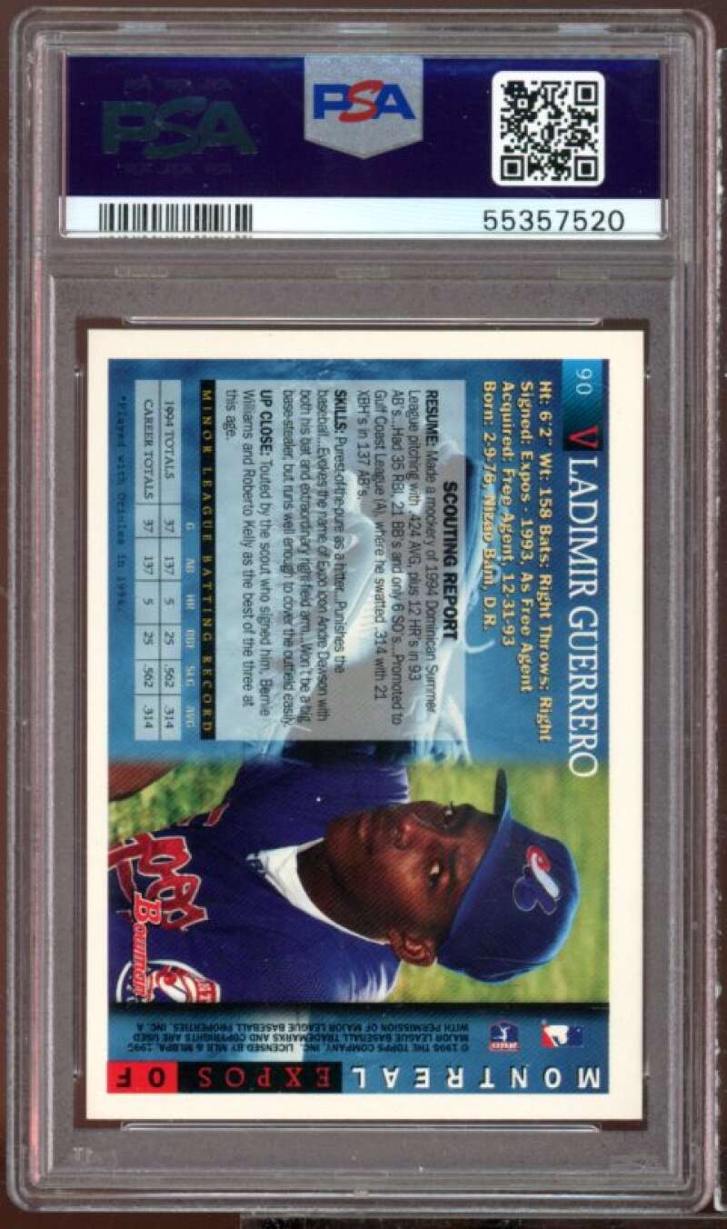 Vladimir Guerrero Rookie Card 1995 Bowman #90 PSA 9 Image 2