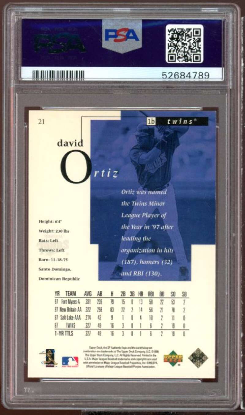 David Ortiz Rookie Card 1998 SP Authentic #21 PSA 9 Image 2