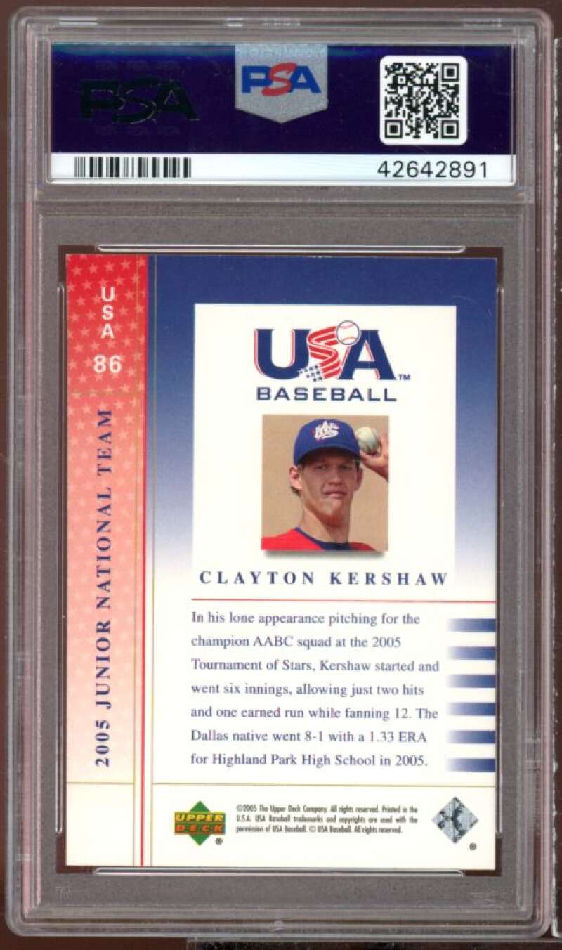 Clayton Kershaw Rookie 2005 U.D. USA Baseball Junior National Team #USA86 PSA 9 Image 2