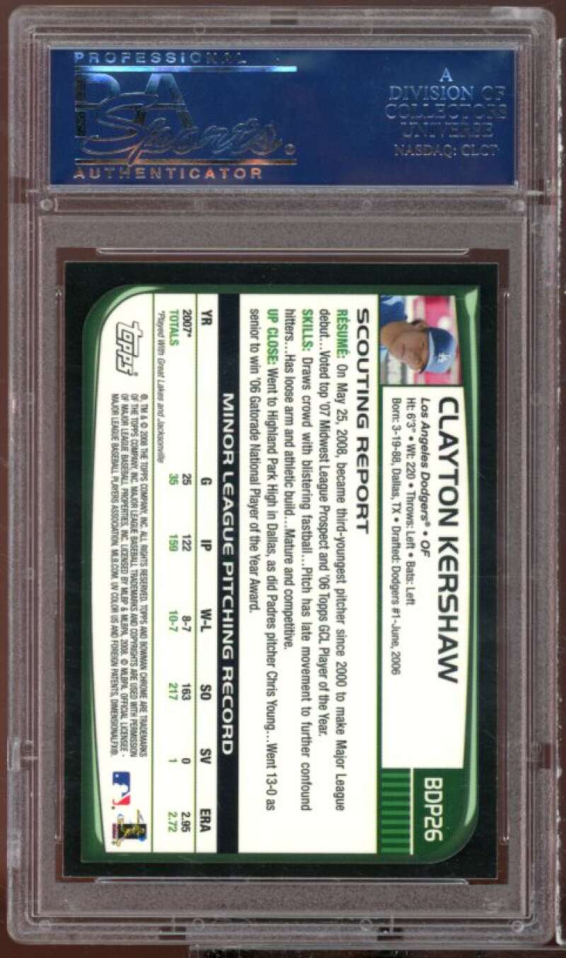 Clayton Kershaw Rookie Card 2008 Bowman Chrome Draft #BDP26 PSA 9 Image 2