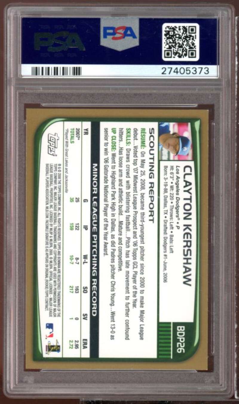 Clayton Kershaw Rookie Card 2008 Bowman Draft Picks Gold #BDP26 PSA 9 Image 2