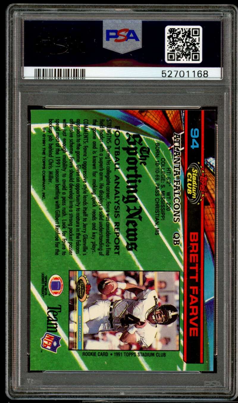 Brett Favre Rookie Card 1991 Stadium Club #94 PSA 8 Image 2