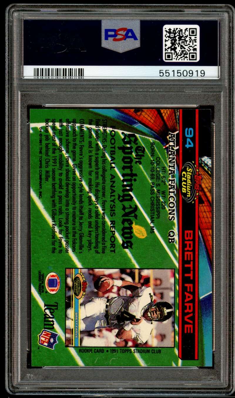 Brett Favre Rookie Card 1991 Stadium Club #94 PSA 9 Image 2